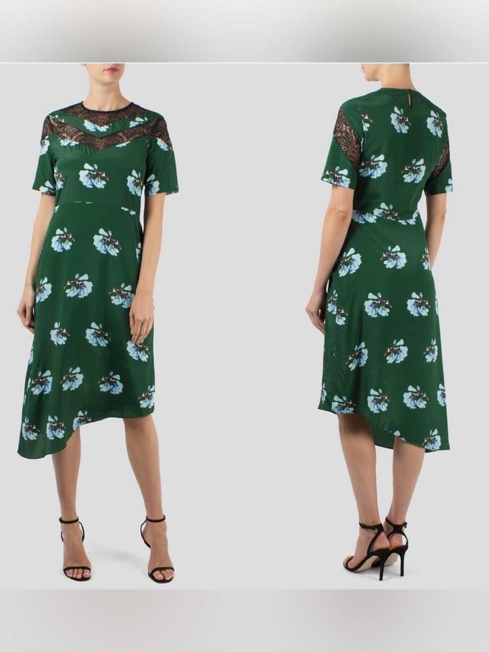 Maje Asymmetric Lace-Trimmed Floral-Print Midi Dress Size S